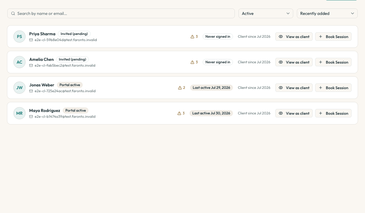 The coach's client list with goal progress for each client