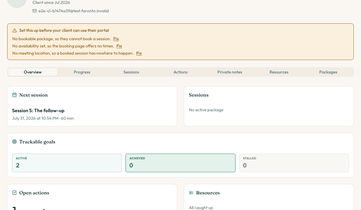 A client profile with goals and progress bars